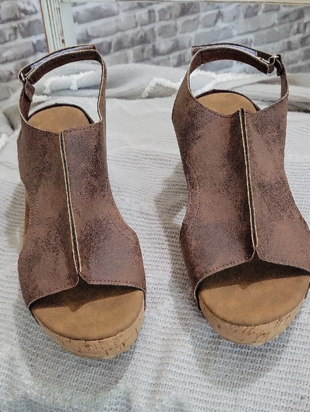 Cork Wedge Peep Toe Sandals - Bronze Brown Classic Comfort, Womens Sz 10 (41)